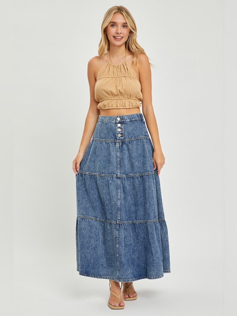 RISEN Medium Wash Tiered Maxi Skirt Button Elastic Pull On Cotton Various NEW